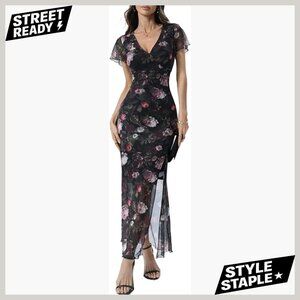 Floral Mesh Maxi Dress V Neck High Slit Boho Wedding Guest Summer